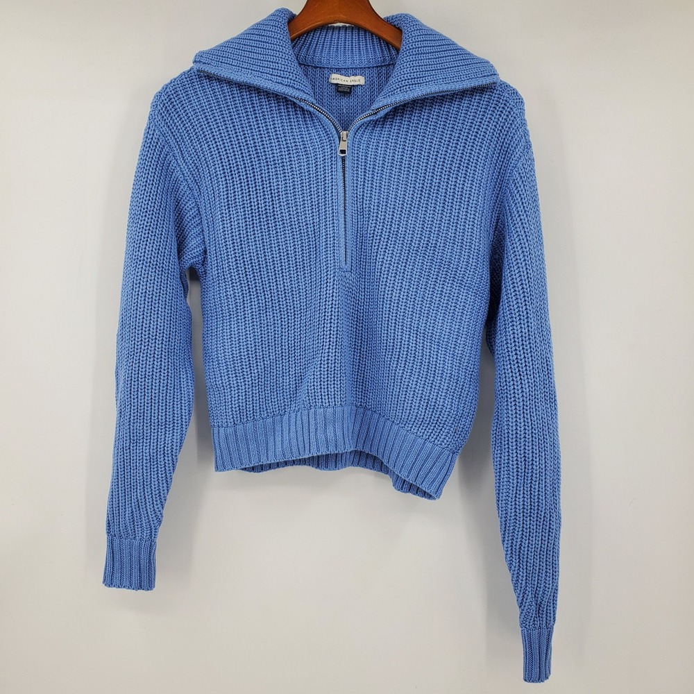 NWT American Eagle XS Blue Shaker Stitch Quarter Zip Cropped Sweater Preppy Knit